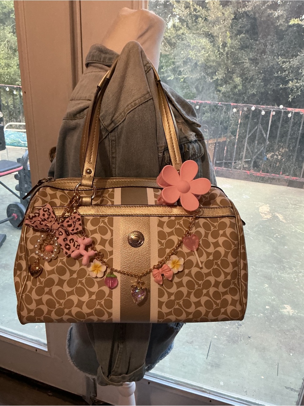 Coach Beige and Gold Signature Satchel with Pink Floral Charms